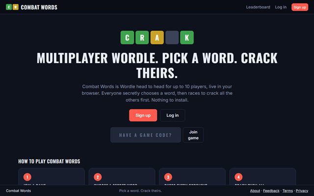 Combat Words landing page