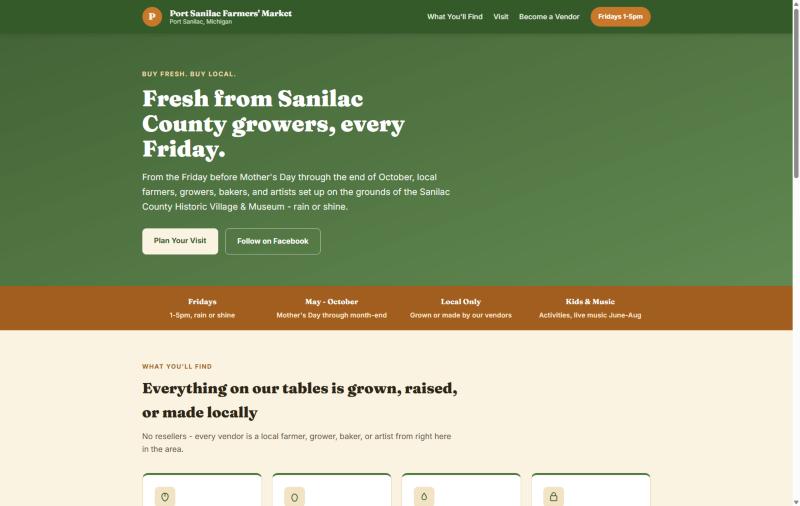 Port Sanilac Farmers' Market landing page